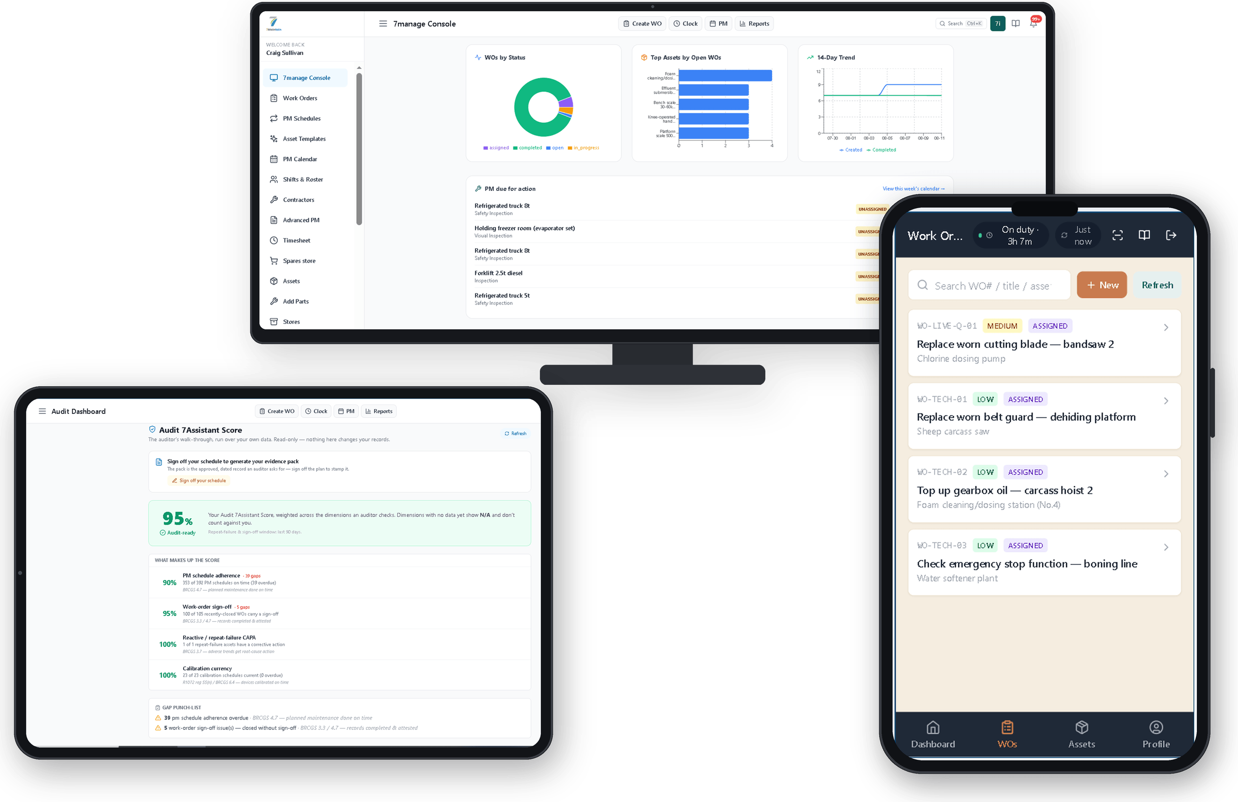 7Maintain running on three devices: the manager console with live work orders, the audit-readiness dashboard, and a technician's phone showing a job on the floor.