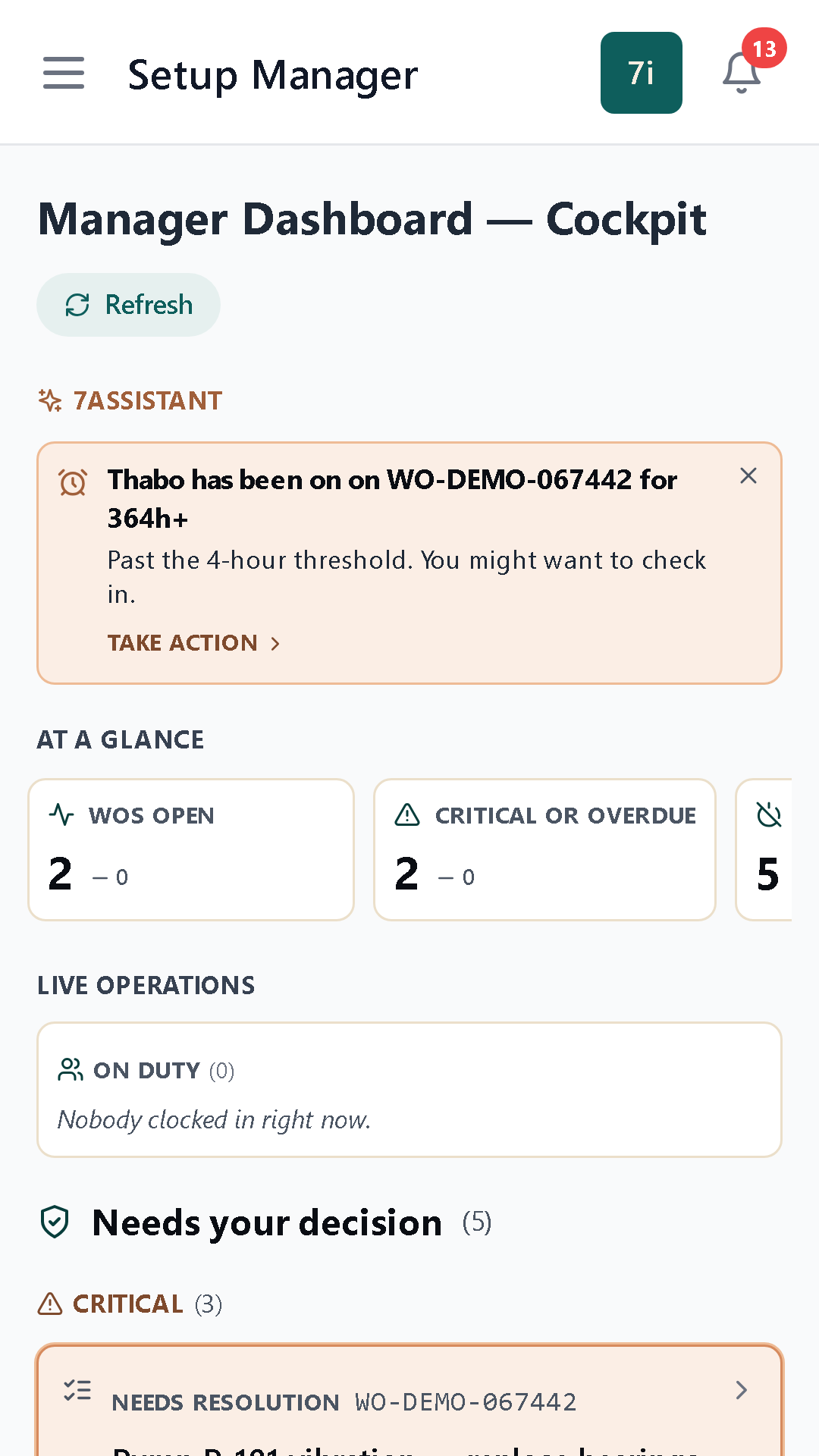 Manager dashboard cockpit with at-a-glance KPIs and a decision queue