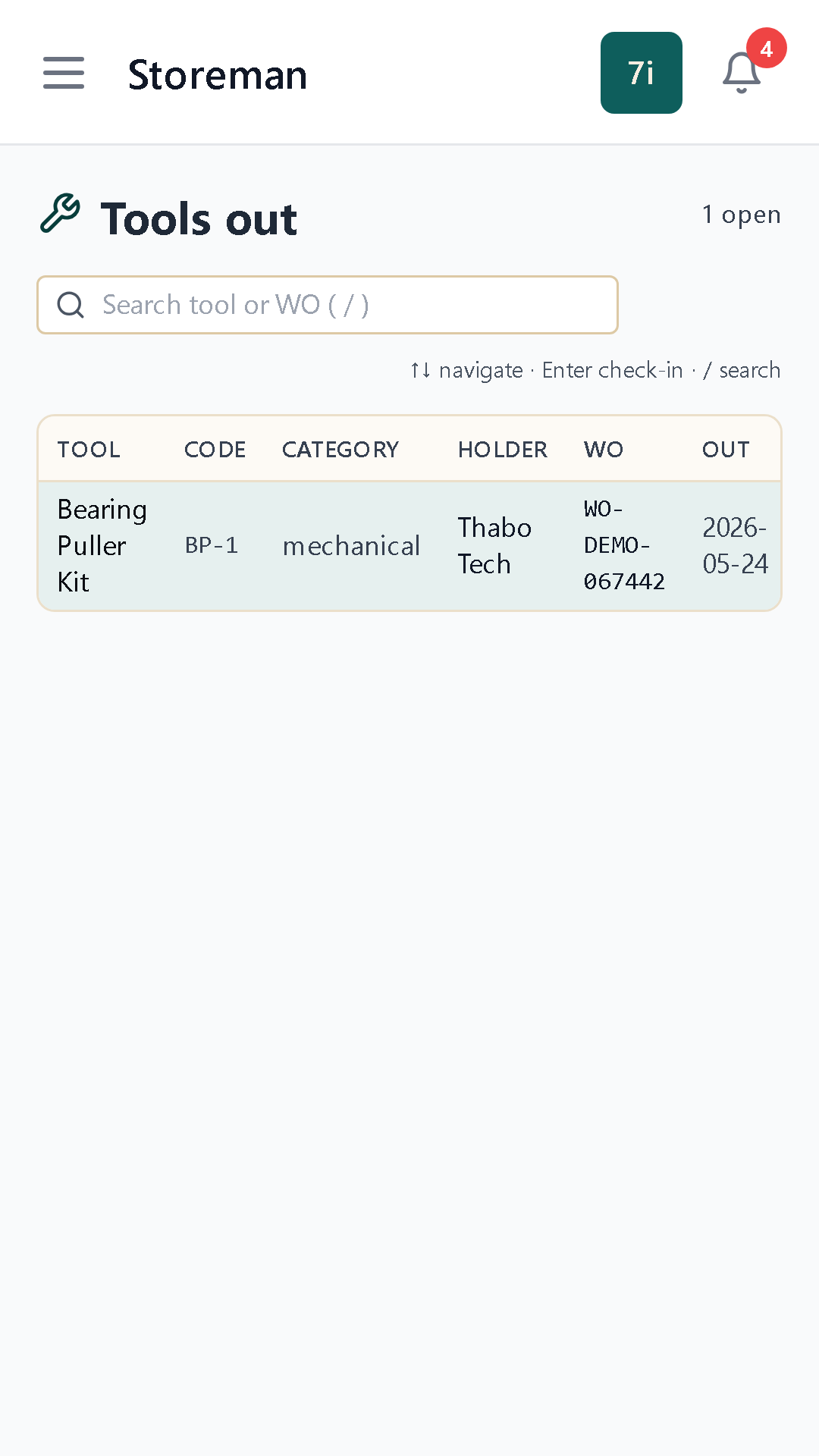 Tools & assets register — checkout, custody and overdue status